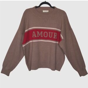 78 & Sunny XL Amour Graphic Knit Sweater Brown Red Stripe Pullover Cotton Blend